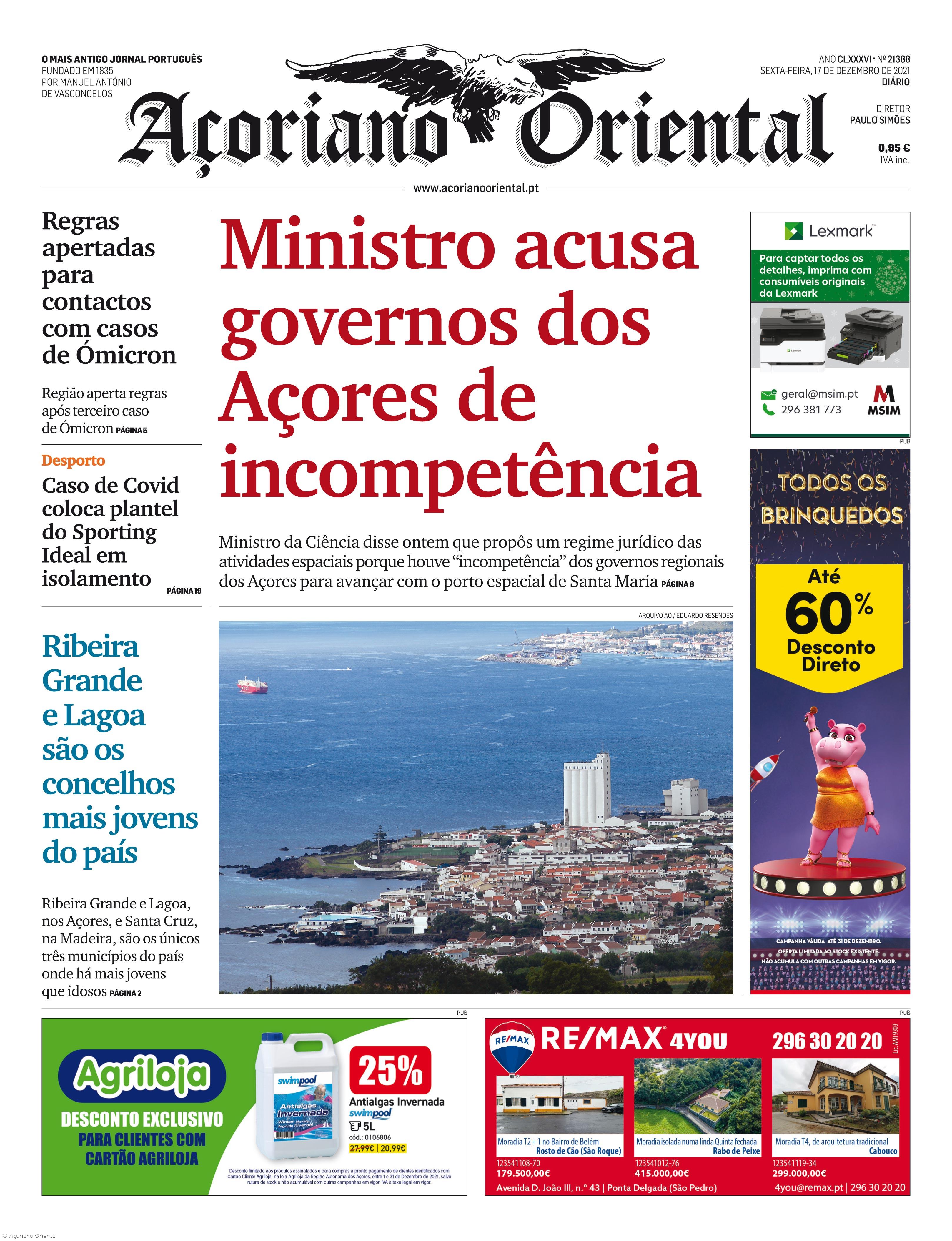 "Ministro acusa governos dos Açores de incompetência" é a manchete do Açoriano Oriental – Imagem 1