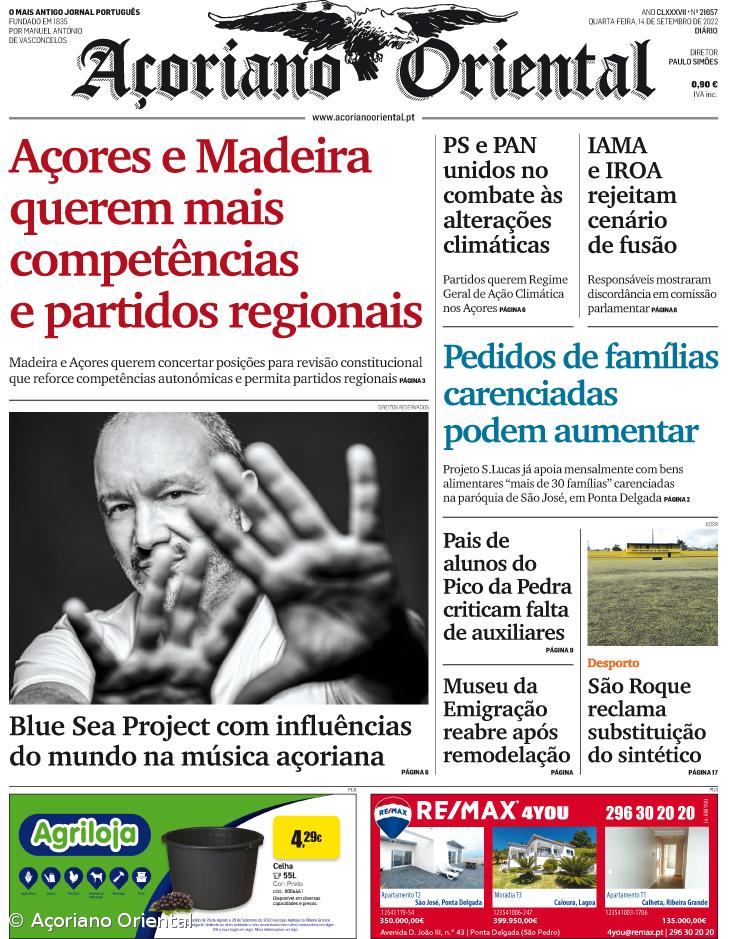 "Açores e Madeira querem mais competências e partidos regionais" é a manchete do Açoriano Oriental – Imagem 1