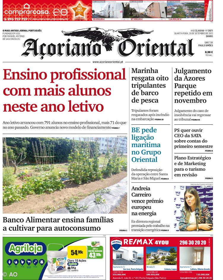 "Ensino profissional com mais alunos neste ano letivo" é a manchete do Açoriano Oriental – Imagem 1