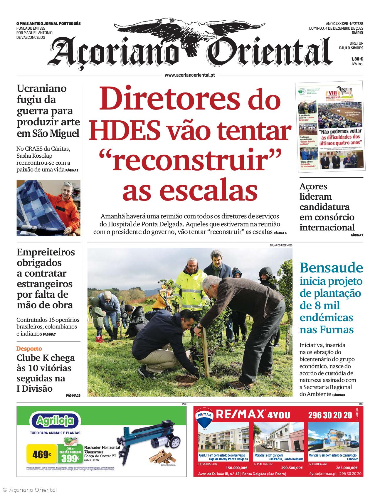 "Diretores do HDES vão tentar 'reconstruir' as escalas" é a manchete do Açroiano Oriental – Imagem 1