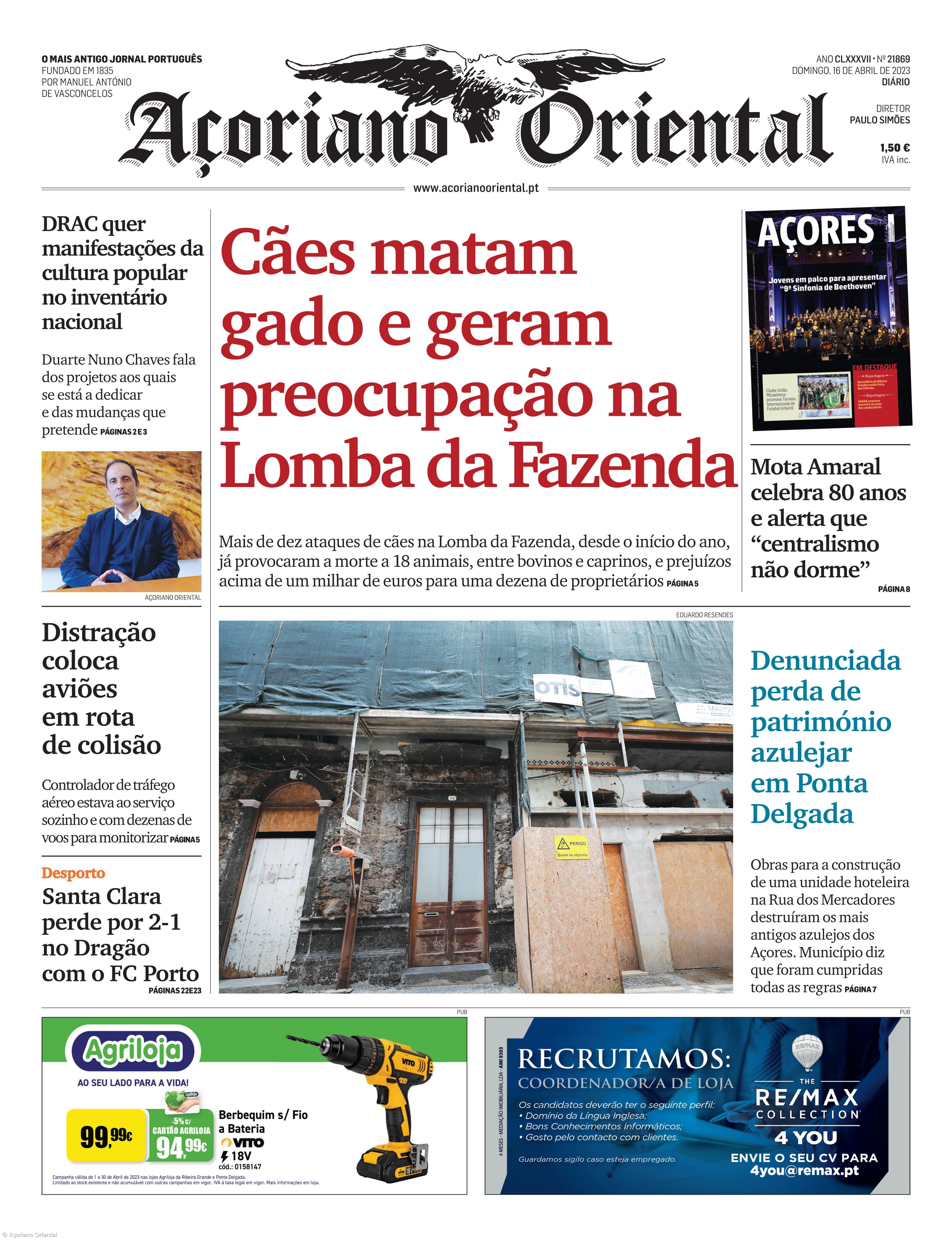 "Cães matam gado e geram preocupação na Lomba da Fazenda" é a manchete do Açoriano Oriental – Imagem 1