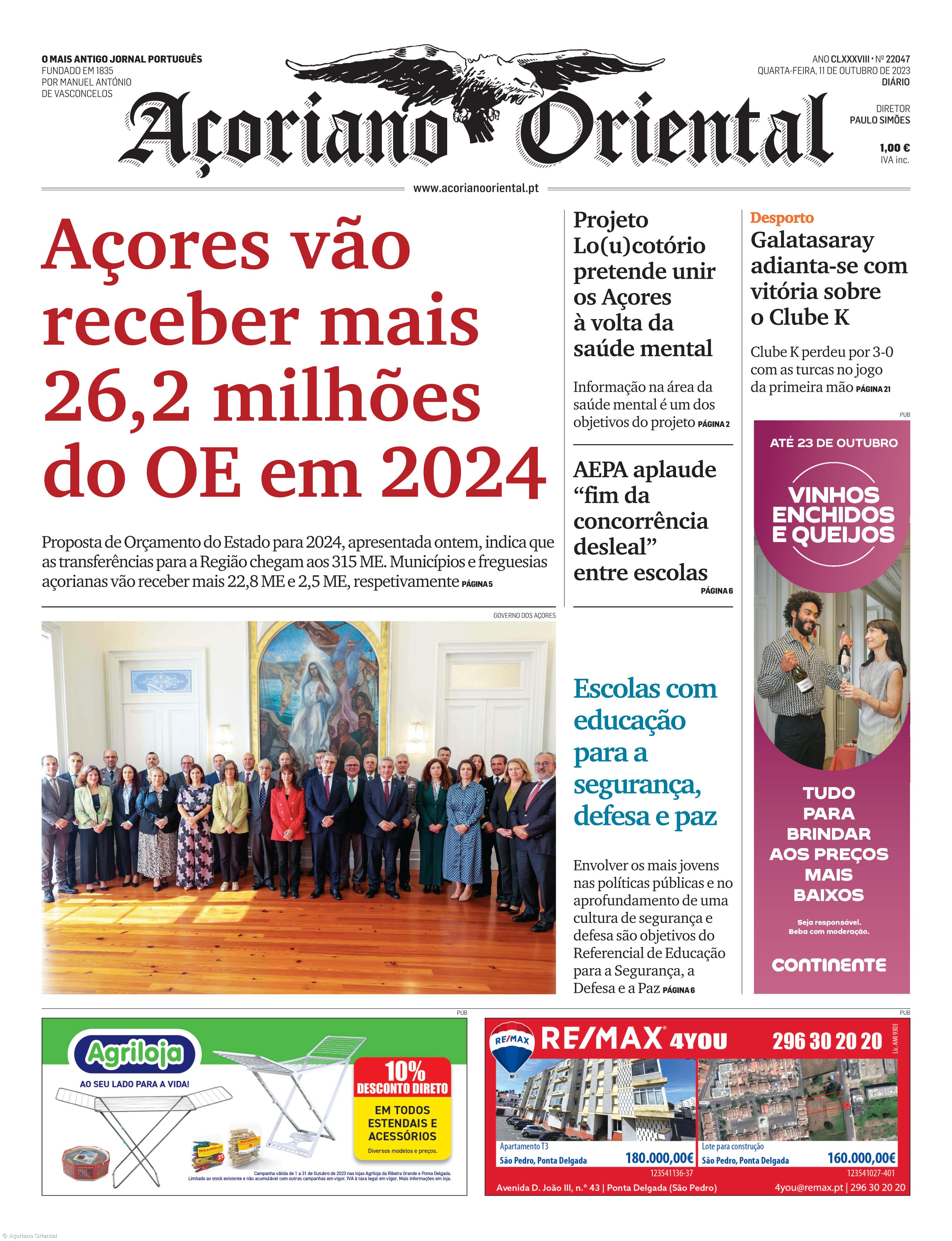 "Açores vão receber mais 26,2 milhões do OE em 2024" é a manchete do Açoriano Oriental – Imagem 1