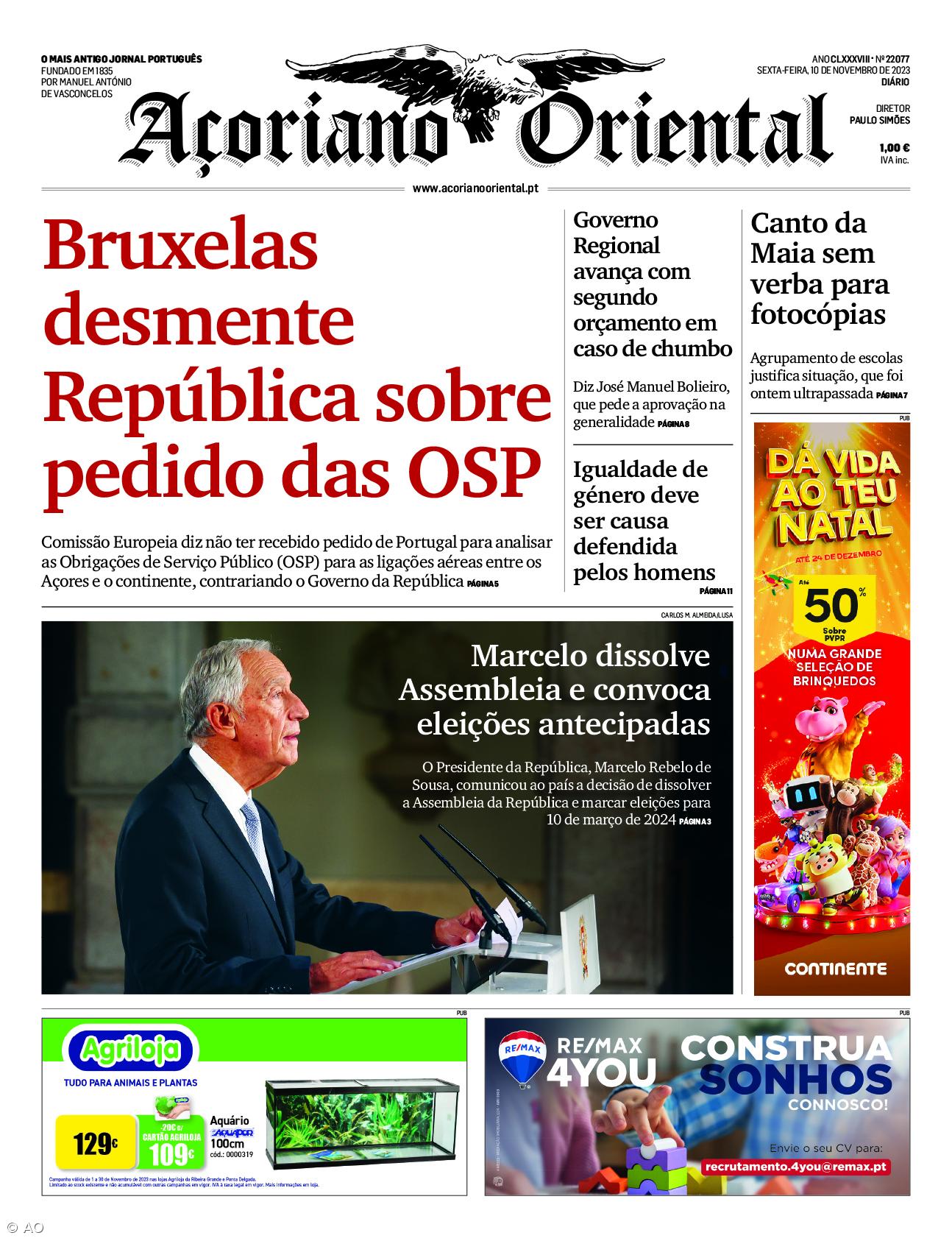"Bruxelas desmente República sobre pedido das OSP" é a manchete do Açoriano Oriental – Imagem 1