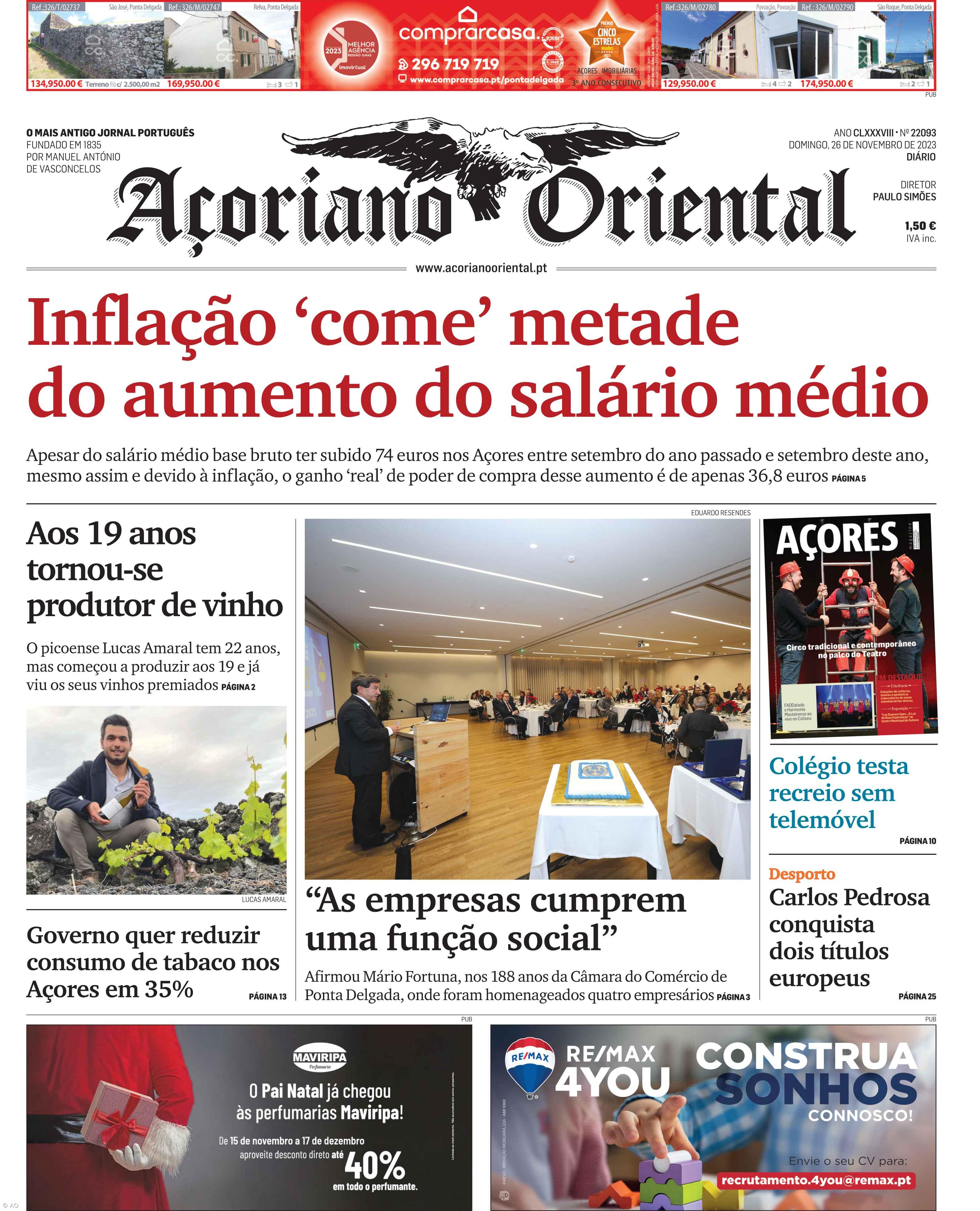 "Inflação 'come' metade do aumento do salário médio" é a manchete do Açoriano Oriental – Imagem 1