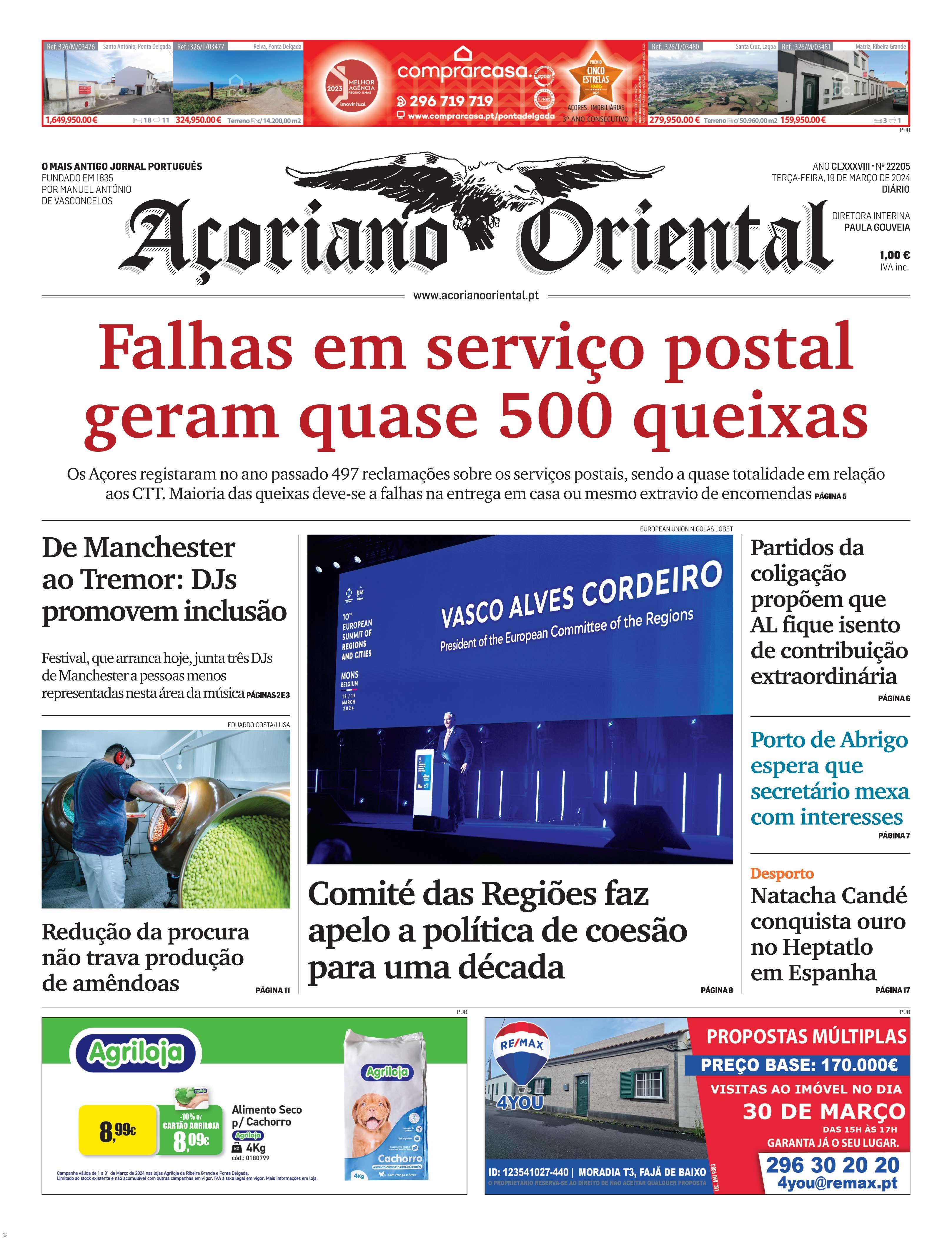 "Falhas em serviço postal geram quase 500 queixas" é a manchete do Açoriano Oriental – Imagem 1
