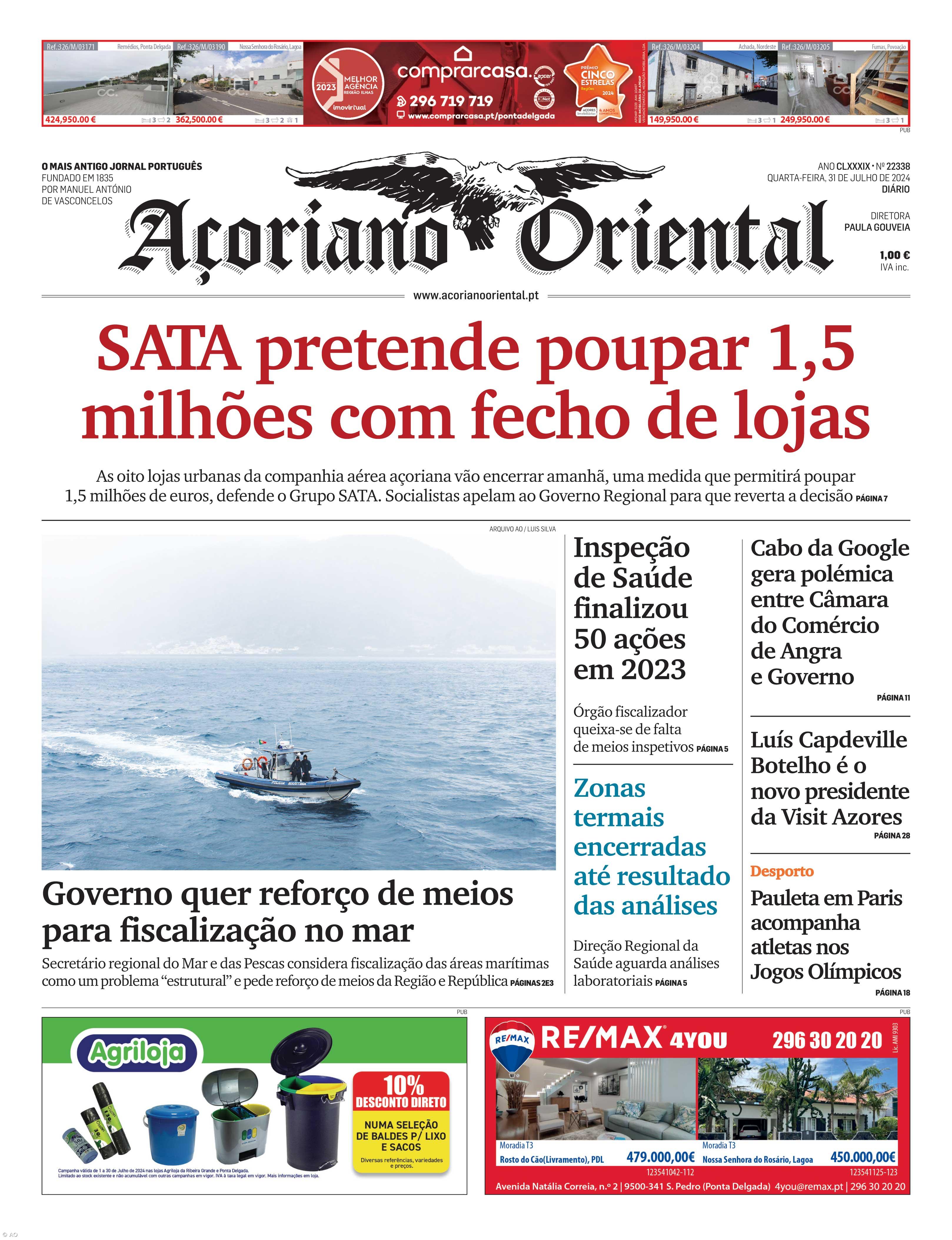 "SATA pretende poupar 1,5 milhões com fecho de lojas" é a manchete do Açoriano Oriental – Imagem 1