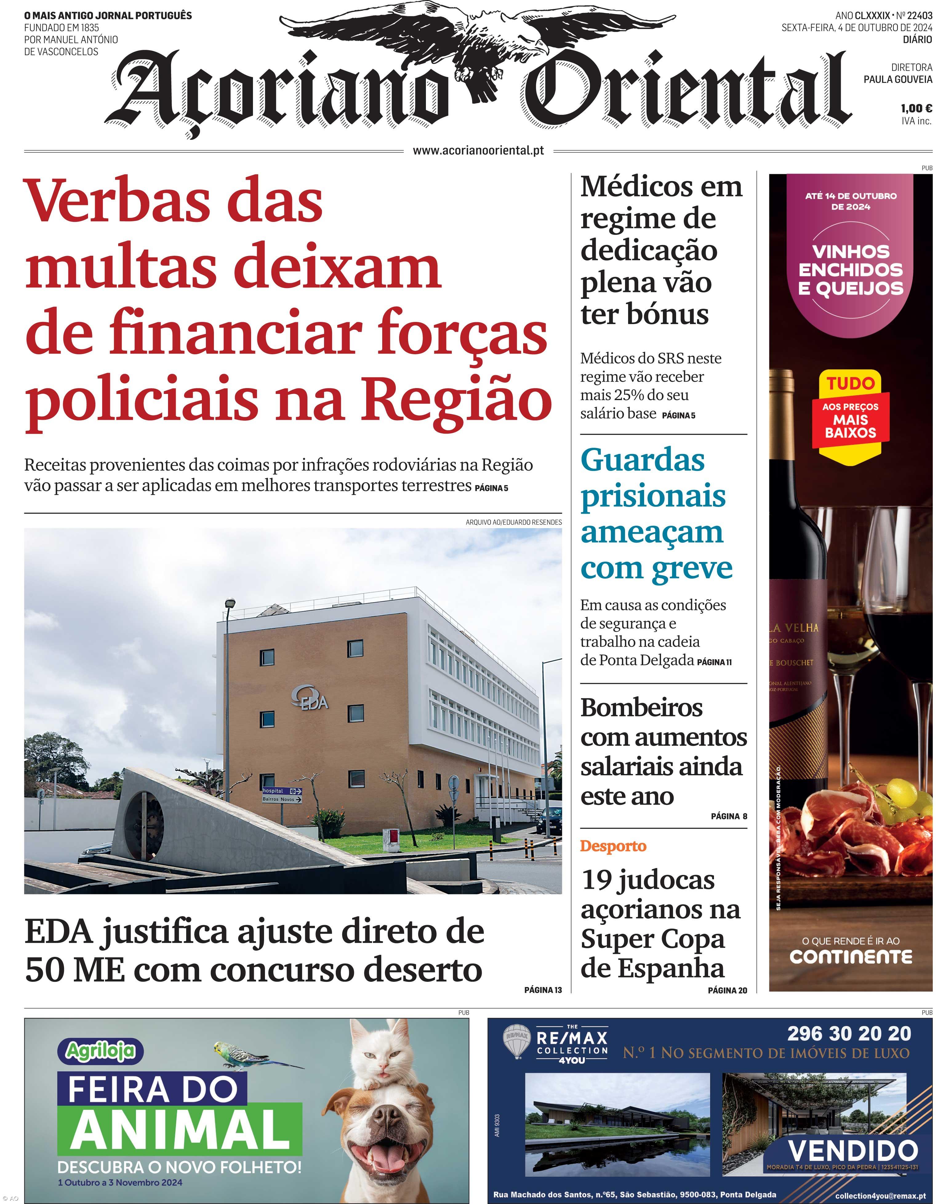 "Verbas das multas deixam de financiar forças policiais na Região" é a manchete do Açoriano Oriental – Imagem 1