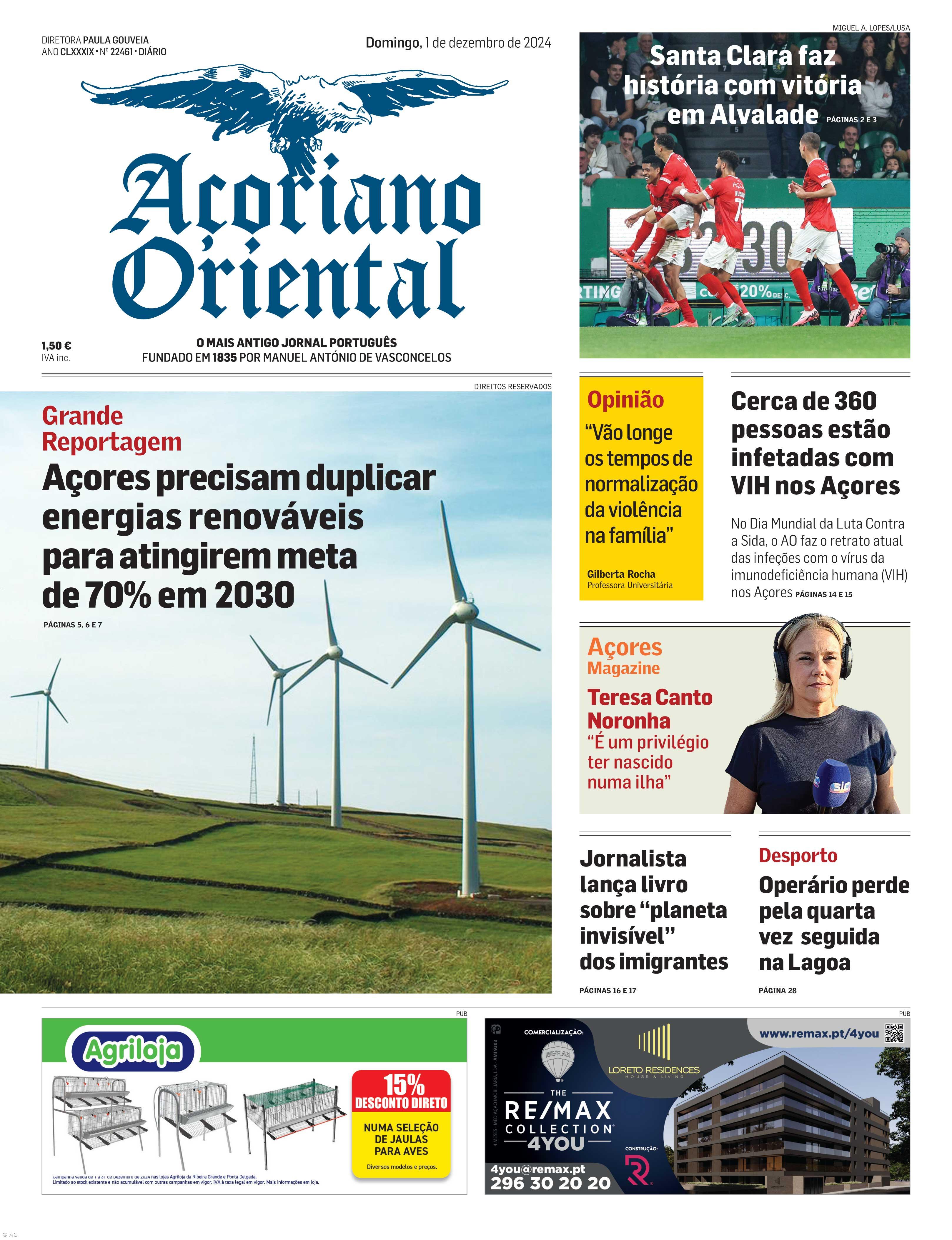 "Açores precisam duplicar energias renováveis para atingir meta de 70% em 2030" é a manchete do Açoriano Oriental – Imagem 1