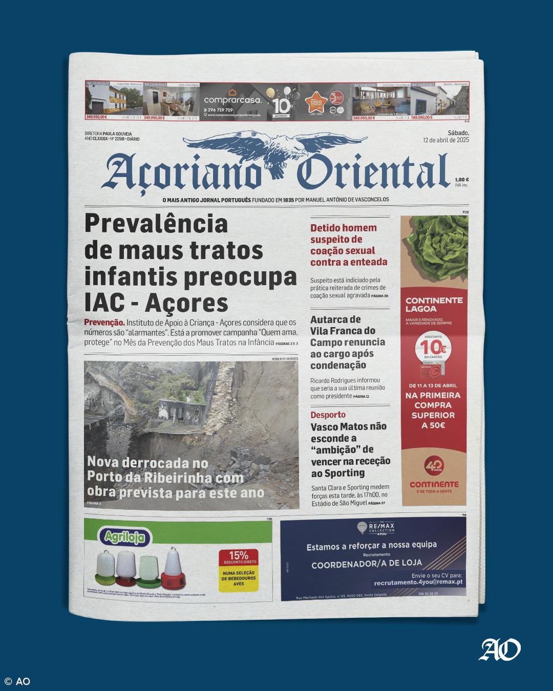 "Prevalência de maus tratos infantis preocupa IAC - Açores" é a manchete do Açoriano Oriental – Imagem 1